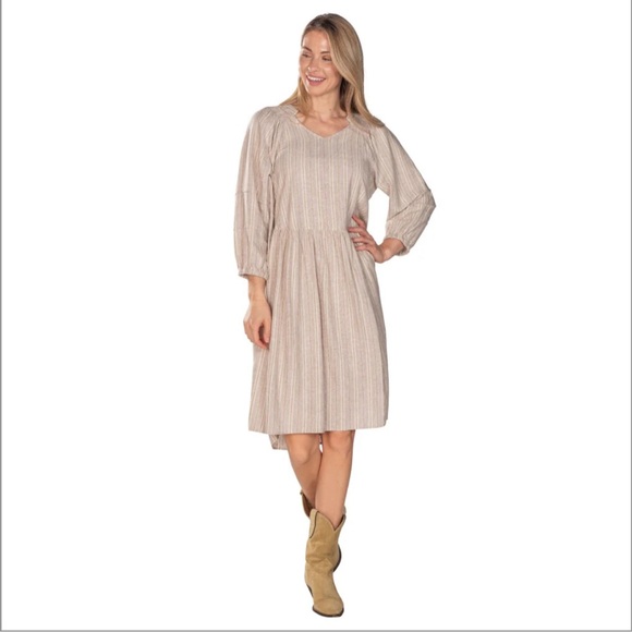 Linda Anderson Dresses & Skirts - Linda Anderson Gold Sparkle Linen Blend Puff Sleeve Beige Dress Women’s Size L